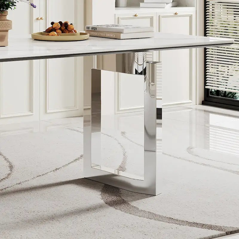 Table à manger rectangulaire crème or/argent avec plateau en verre de pierre frittée et base en acier inoxydable – 4 à 6 places