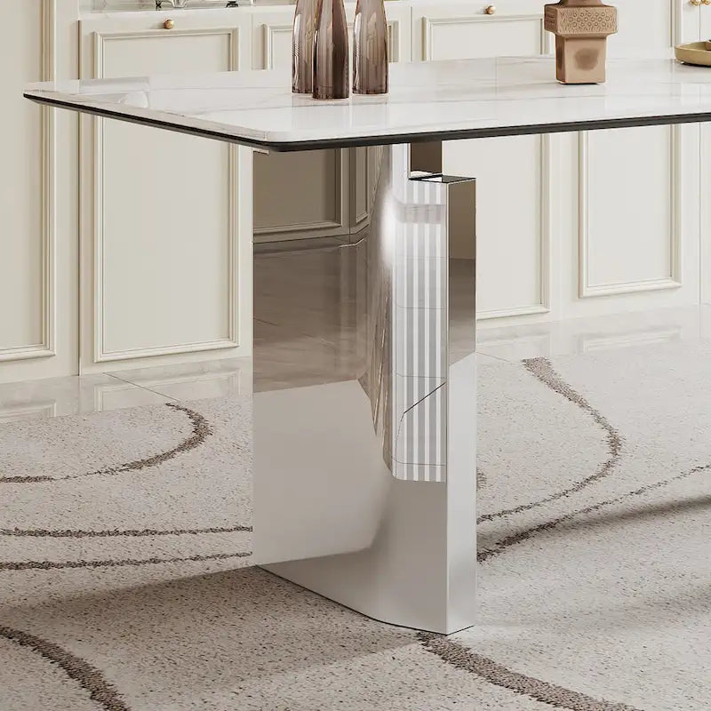 Table à manger rectangulaire crème or/argent avec plateau en verre de pierre frittée et base en acier inoxydable – 4 à 6 places