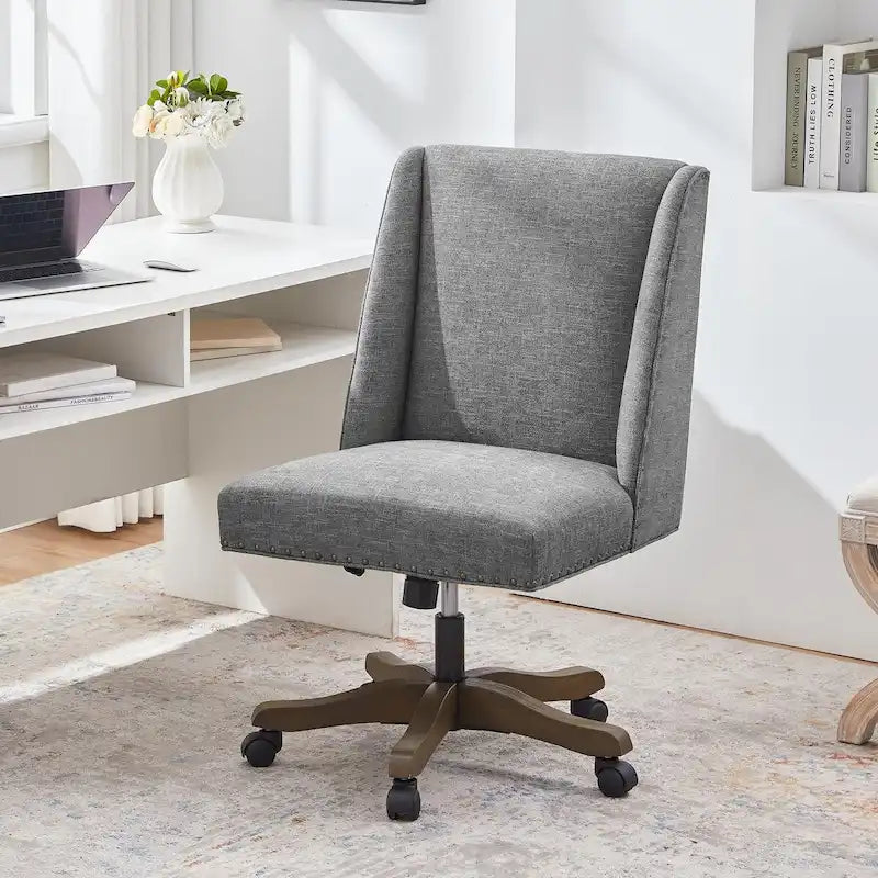 Chaise de bureau pivotante mi-dossier en lin gris / beige / vert avec roulettes – Pour 1 personne