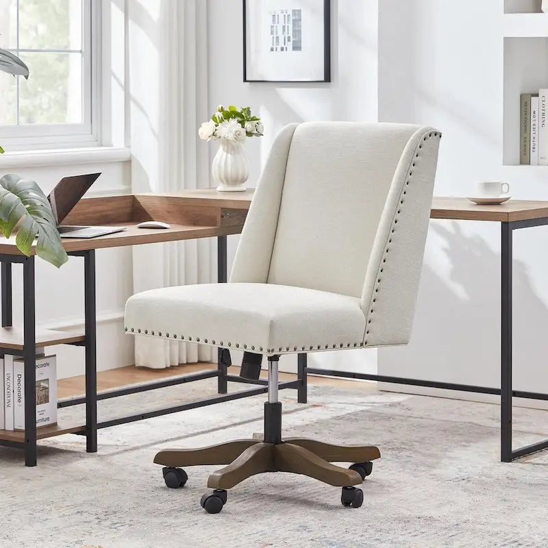 Chaise de bureau pivotante mi-dossier en lin gris / beige / vert avec roulettes – Pour 1 personne