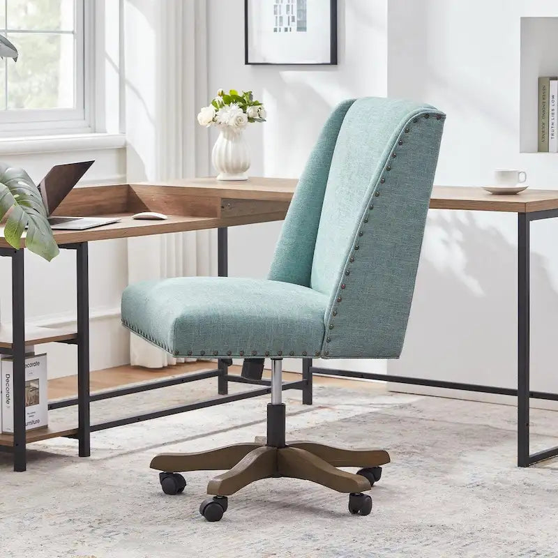 Chaise de bureau pivotante mi-dossier en lin gris / beige / vert avec roulettes – Pour 1 personne