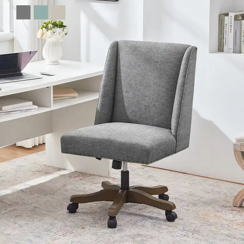 Chaise de bureau pivotante mi-dossier en lin gris / beige / vert avec roulettes – Pour 1 personne