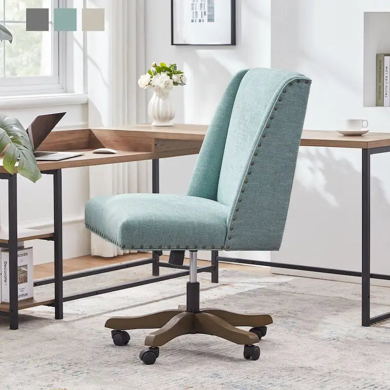 Chaise de bureau pivotante mi-dossier en lin gris / beige / vert avec roulettes – Pour 1 personne