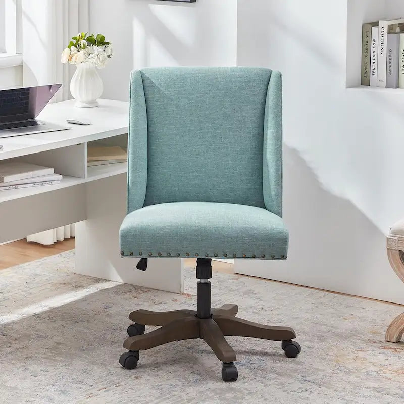 Chaise de bureau pivotante mi-dossier en lin gris / beige / vert avec roulettes – Pour 1 personne