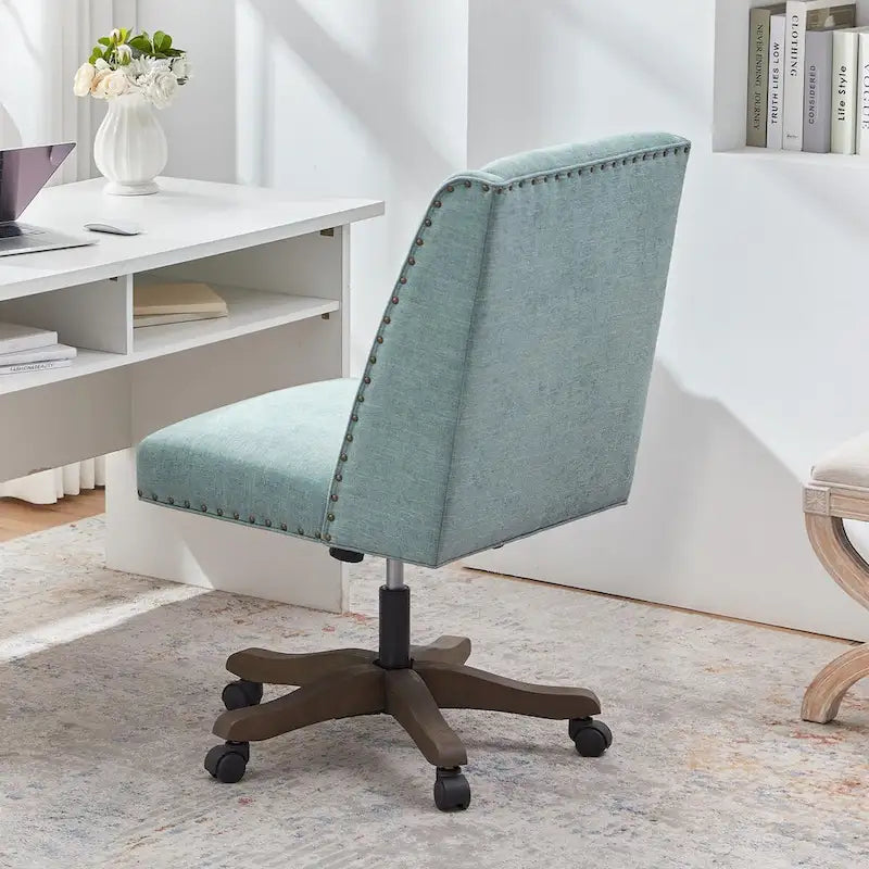 Chaise de bureau pivotante mi-dossier en lin gris / beige / vert avec roulettes – Pour 1 personne