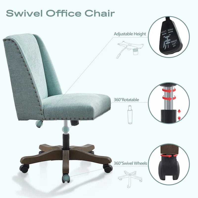 Chaise de bureau pivotante mi-dossier en lin gris / beige / vert avec roulettes – Pour 1 personne