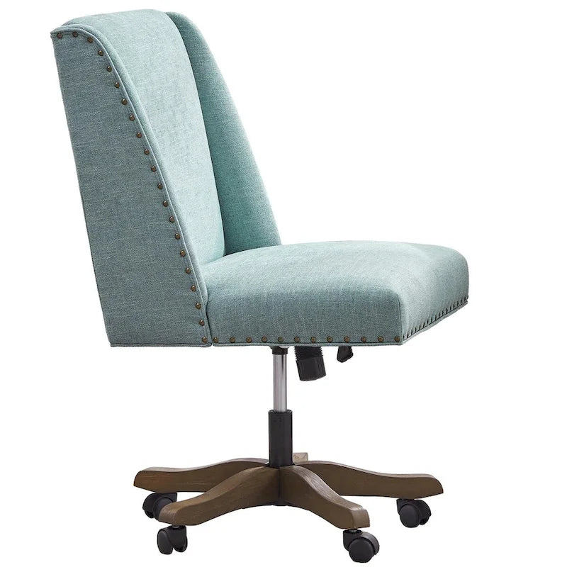 Chaise de bureau pivotante mi-dossier en lin gris / beige / vert avec roulettes – Pour 1 personne