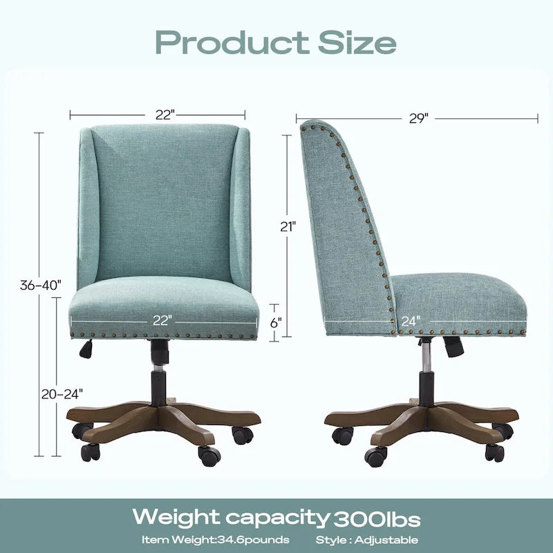 Chaise de bureau pivotante mi-dossier en lin gris / beige / vert avec roulettes – Pour 1 personne