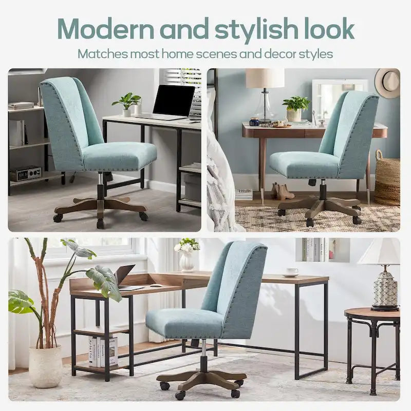 Chaise de bureau pivotante mi-dossier en lin gris / beige / vert avec roulettes – Pour 1 personne
