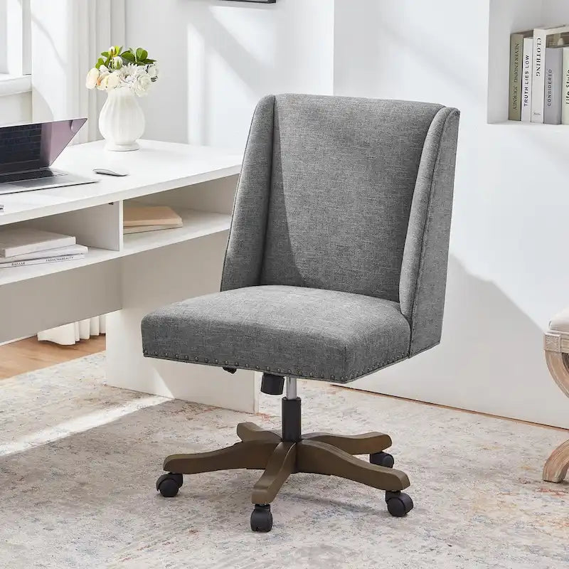Chaise de bureau pivotante mi-dossier en lin gris / beige / vert avec roulettes – Pour 1 personne