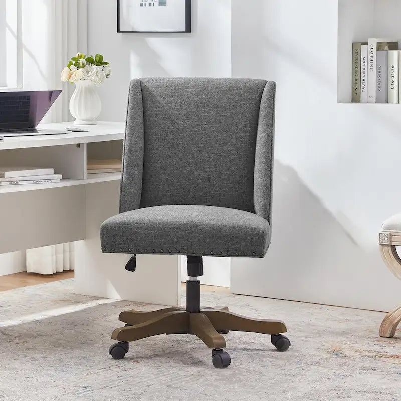 Chaise de bureau pivotante mi-dossier en lin gris / beige / vert avec roulettes – Pour 1 personne