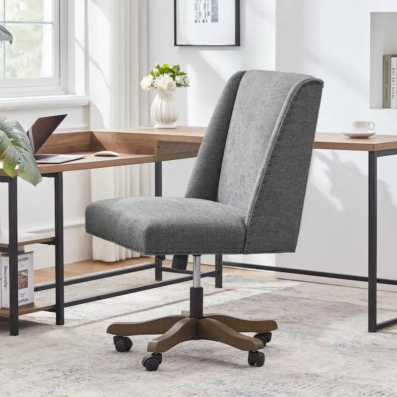 Chaise de bureau pivotante mi-dossier en lin gris / beige / vert avec roulettes – Pour 1 personne