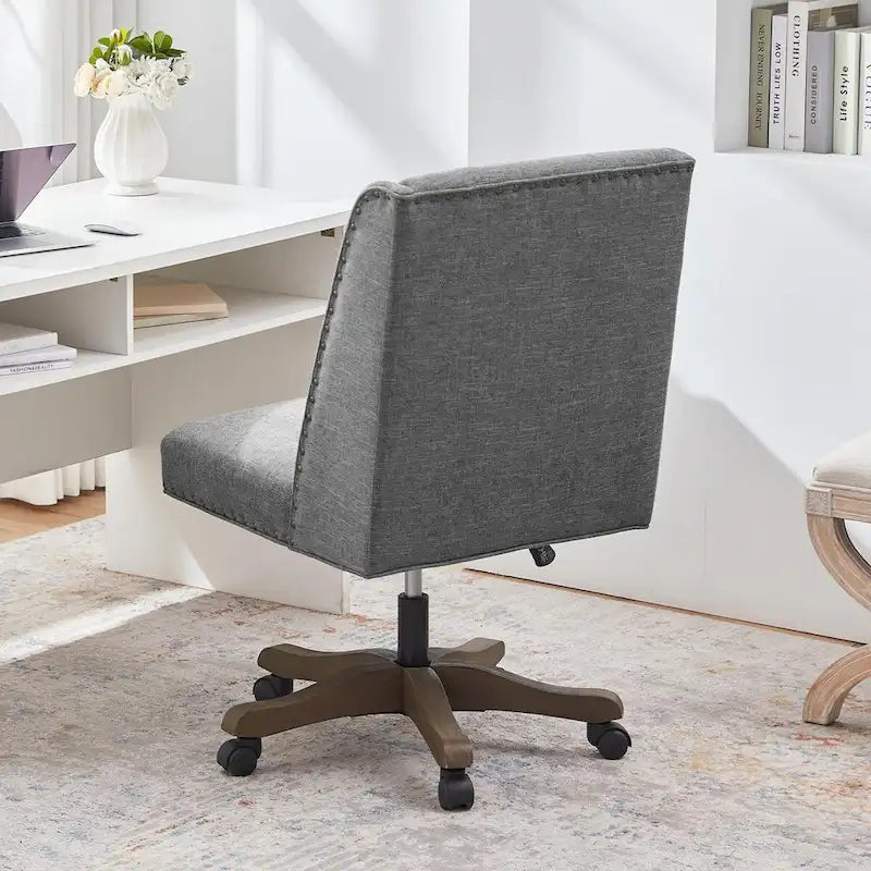 Chaise de bureau pivotante mi-dossier en lin gris / beige / vert avec roulettes – Pour 1 personne