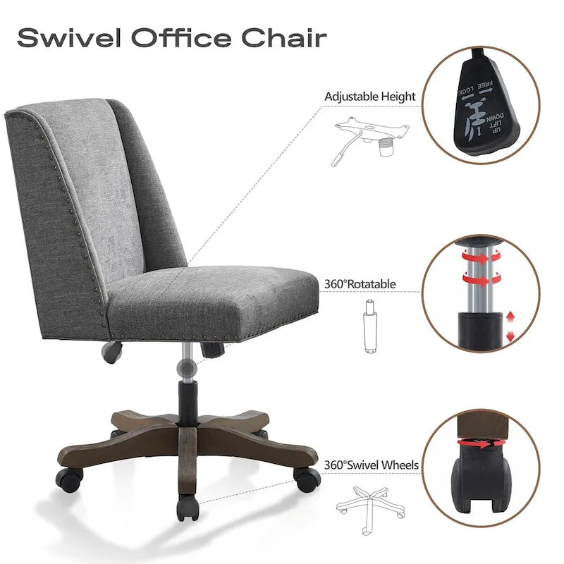 Chaise de bureau pivotante mi-dossier en lin gris / beige / vert avec roulettes – Pour 1 personne