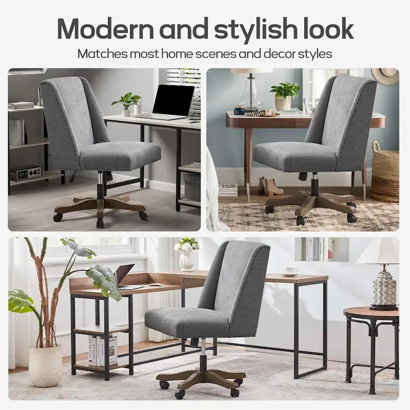 Chaise de bureau pivotante mi-dossier en lin gris / beige / vert avec roulettes – Pour 1 personne