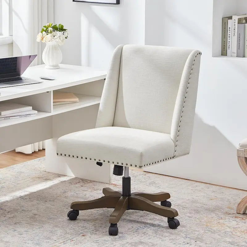 Chaise de bureau pivotante mi-dossier en lin gris / beige / vert avec roulettes – Pour 1 personne