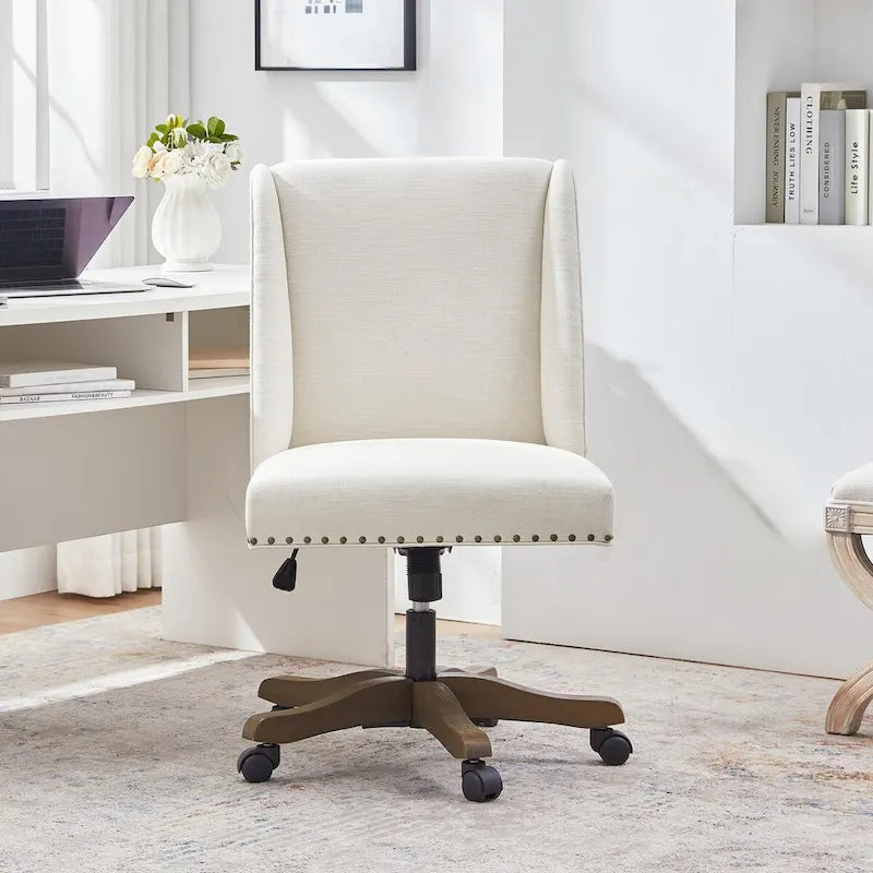 Chaise de bureau pivotante mi-dossier en lin gris / beige / vert avec roulettes – Pour 1 personne