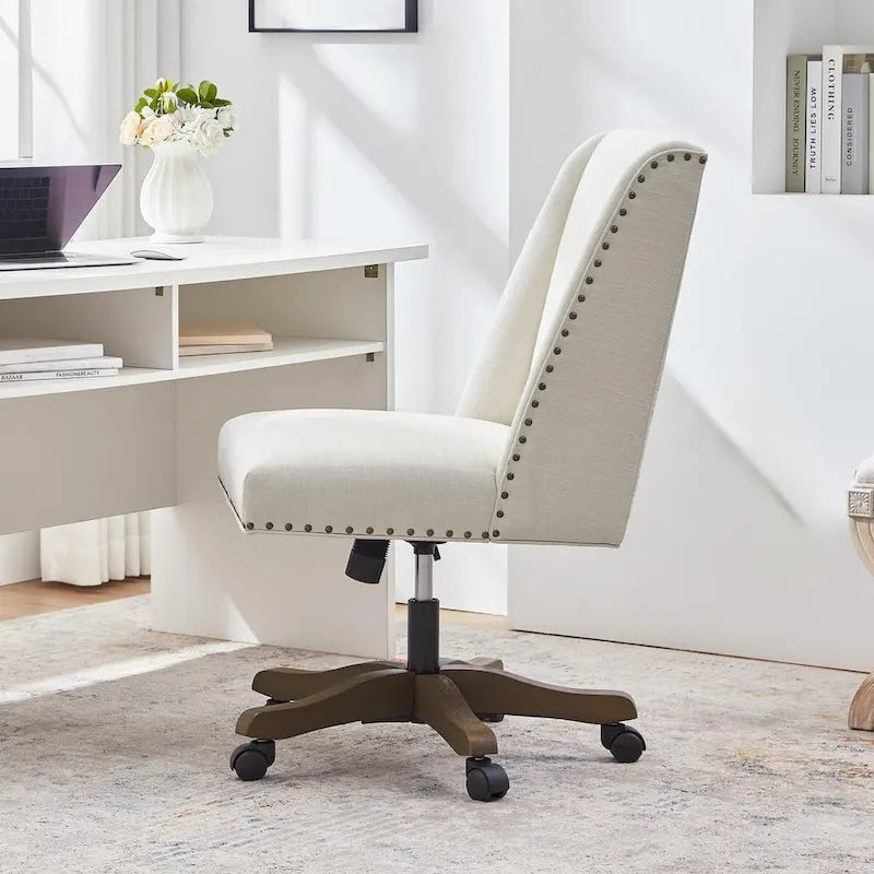 Chaise de bureau pivotante mi-dossier en lin gris / beige / vert avec roulettes – Pour 1 personne