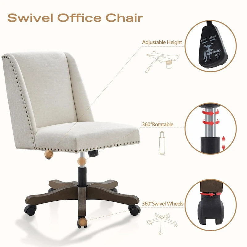 Chaise de bureau pivotante mi-dossier en lin gris / beige / vert avec roulettes – Pour 1 personne