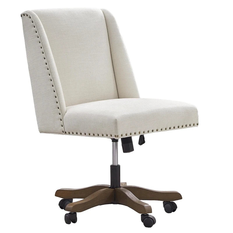 Chaise de bureau pivotante mi-dossier en lin gris / beige / vert avec roulettes – Pour 1 personne