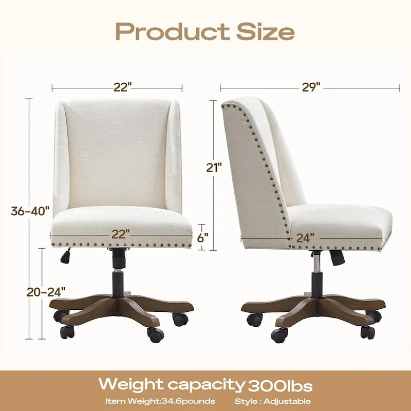 Chaise de bureau pivotante mi-dossier en lin gris / beige / vert avec roulettes – Pour 1 personne