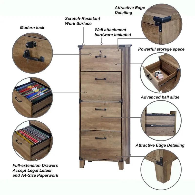 Classeur latéral à 4 tiroirs – Chêne rustique, style ferme, pour 1 personne