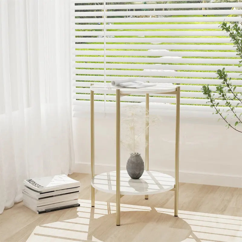 Table d'appoint ronde à deux niveaux en marbre et structure en fer, doré/noir – Simple