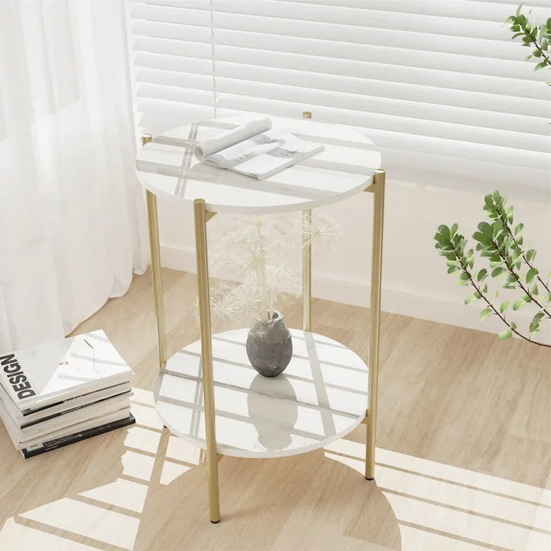 Table d'appoint ronde à deux niveaux en marbre et structure en fer, doré/noir – Simple