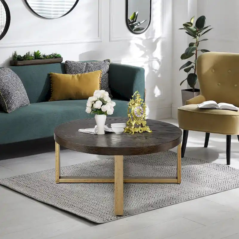 Table basse ronde en bois naturel et or antique avec base en X en métal – Une seule