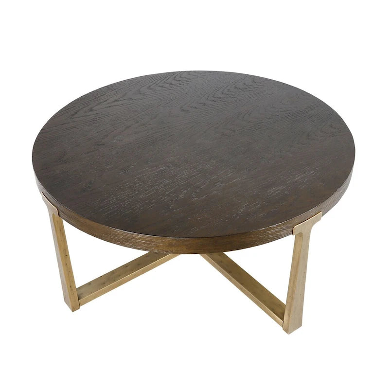 Table basse ronde en bois naturel et or antique avec base en X en métal – Une seule