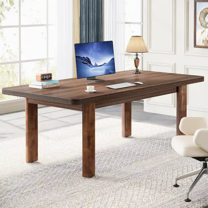 Bureau d'ordinateur marron avec 2 tiroirs, pieds en U, pour 1 personne