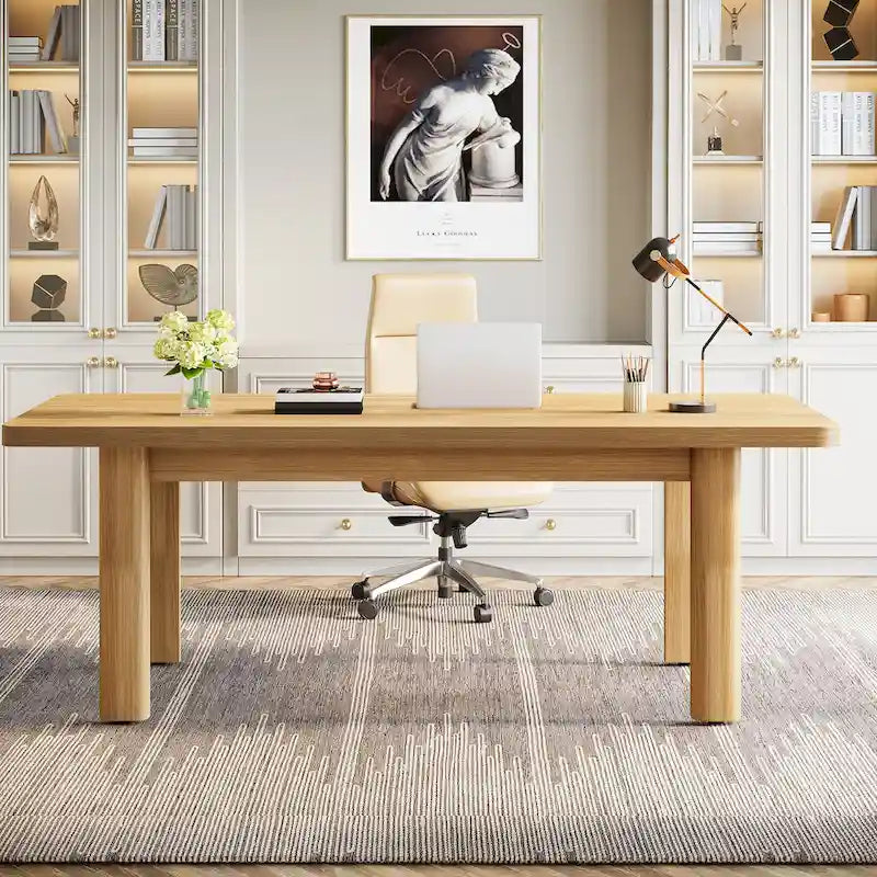 Bureau d'ordinateur marron avec 2 tiroirs, pieds en U, pour 1 personne