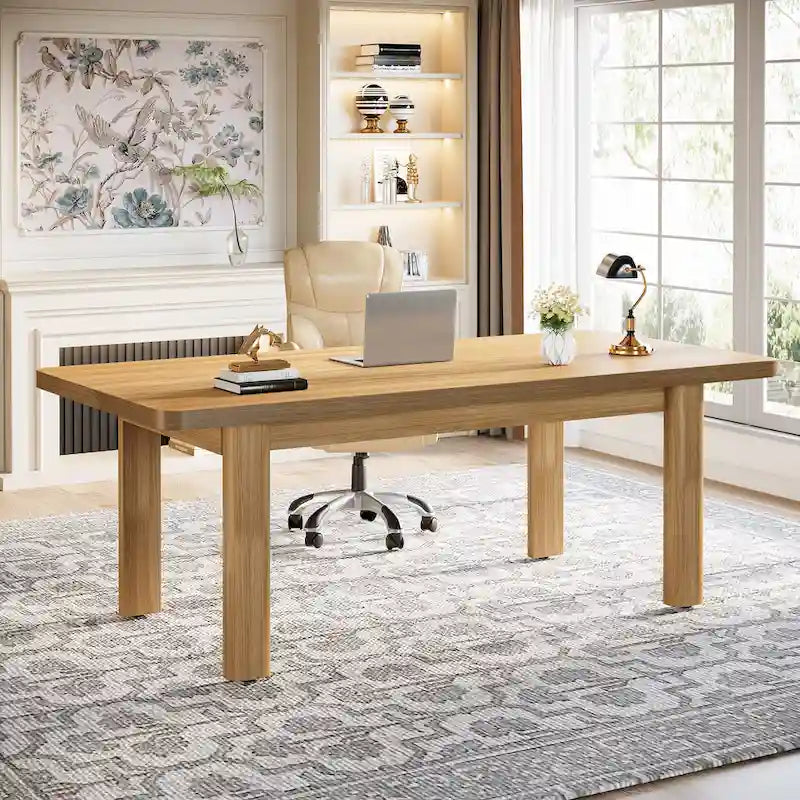 Bureau d'ordinateur marron avec 2 tiroirs, pieds en U, pour 1 personne