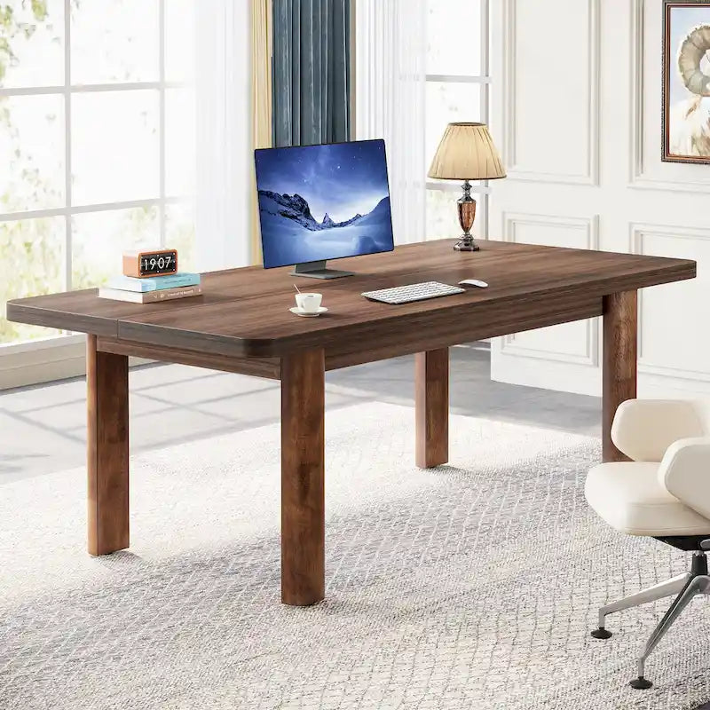 Bureau d'ordinateur marron avec 2 tiroirs, pieds en U, pour 1 personne