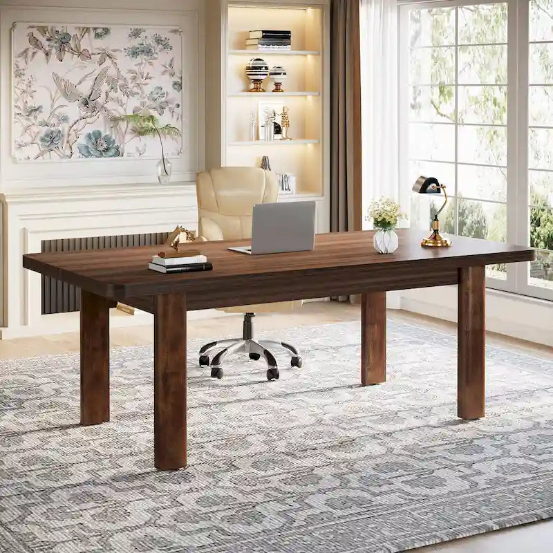 Bureau d'ordinateur marron avec 2 tiroirs, pieds en U, pour 1 personne