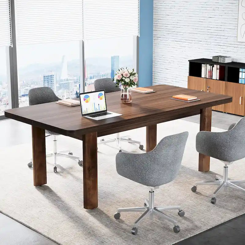Bureau d'ordinateur marron avec 2 tiroirs, pieds en U, pour 1 personne