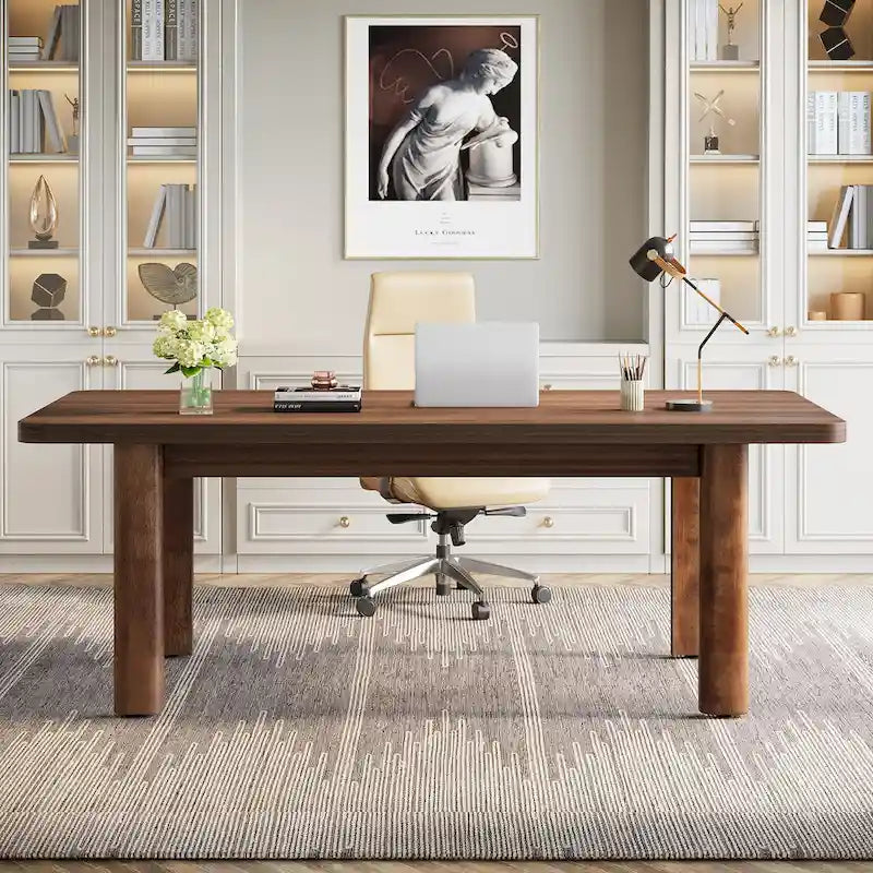 Bureau d'ordinateur marron avec 2 tiroirs, pieds en U, pour 1 personne