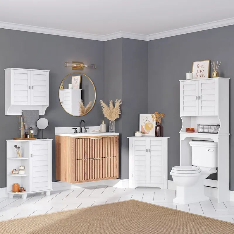 Armoire de Rangement au Sol à Une Porte avec Étagères Latérales – Blanc, MDF Peint, Pour 1 Ménage